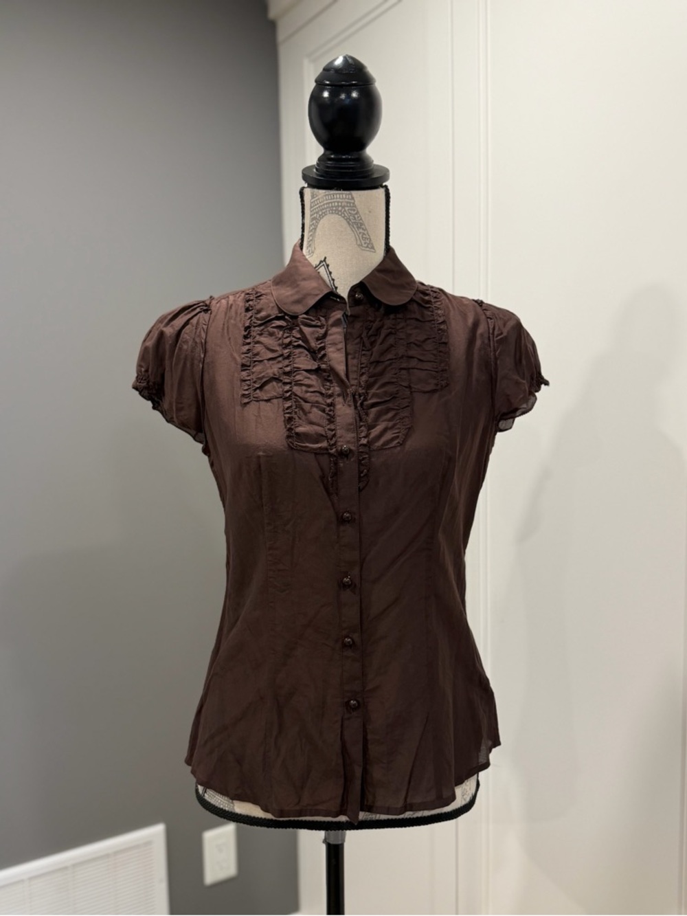 Banana Republic Brown Ruffle-Front Cap Sleeve Button-Down Shirt